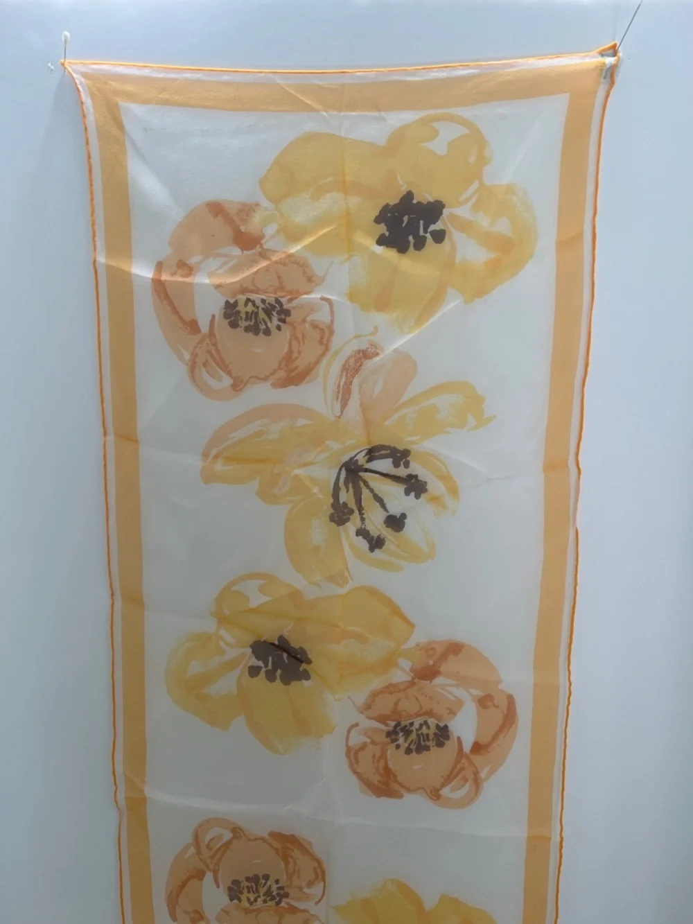 Vintage Vera Neumann Yellows, apricots & touch of brown Sheer scarf 42” x 13”